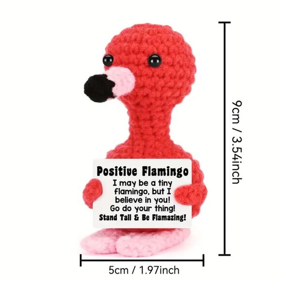 Handmade Inspirational Knit Flamingo Positive Crochet Motivate Mini Plushie Doll - Picture 3 of 4
